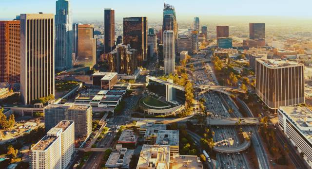 Aerial view of a Downtown Los Angeles at sunset