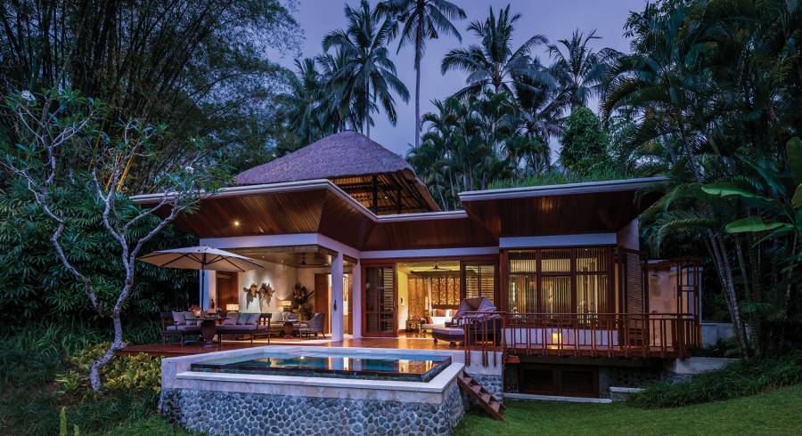 Exterior view of a guest villa at Four Seasons Resort Bali at Sayan Hotel in Ubud, Indonesia