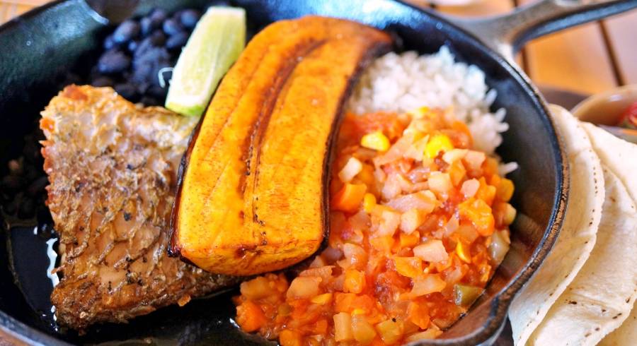 Traditional Costa Rican Casado Meal With Rice Beans And Plantains 