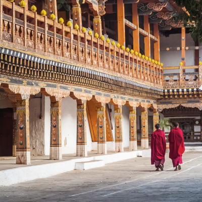 Two buddhist monks at Punakha Dzong, Bhutan, Asia