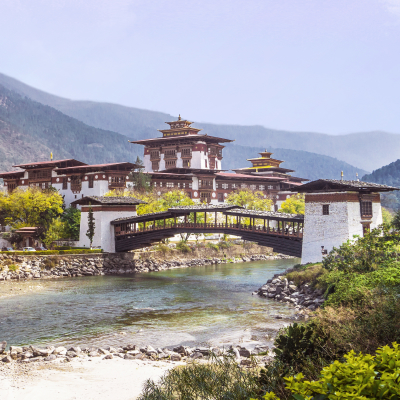 The Punakha Dzong Monastery and bridge across the river in Bhutan one of the largest monestary in Asia