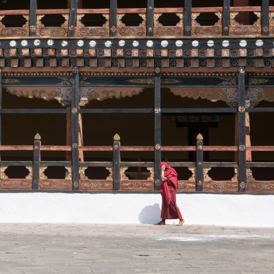 Monks walking at Rinpung Dzong in Paro, Bhutan, Asia