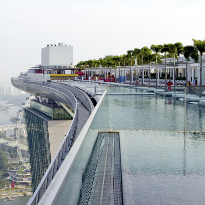 View from the roof top pool at new Marina Bay Sands hotel in early morning, Singapore