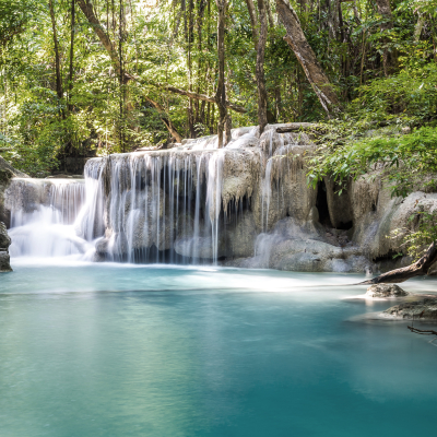 Waterfall and blue emerald water color in Erawan National Park, Kanchanaburi Province, Thailand