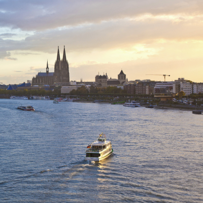 ship on river Rhein by Cologne in Germany, Europe