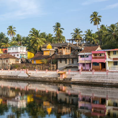 Colorful indian houses on the bank of sacred lake Koti Teertha in Gokarna, India