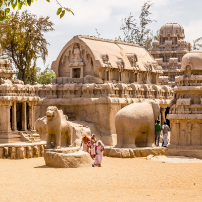 Ancient Hindu monolithic, Pancha Rathas - Five Rathas, Mahabalipuram, Tamil Nadu, India