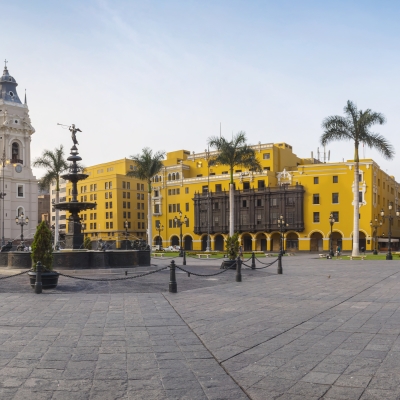 Panoramic view of Lima main square and cathedral church, Lima, Peru, South America