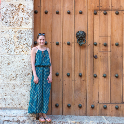 Young women in a beautiful dress in the old town in Cartagena de Indias, Colombia, South America