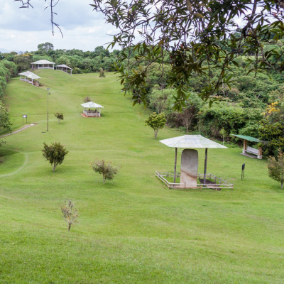 Protective roofs over statues located at Alto de los Idolos site near San Agustin, Colombia, South America
