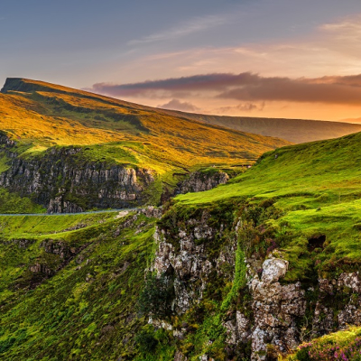Panorama of Quiraing mountains sunset at Isle of Skye, Scottish highlands, United Kingdom
