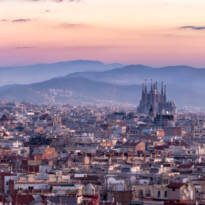 Sagrada familia and panorama view of barcelona city at dusk ,Spain