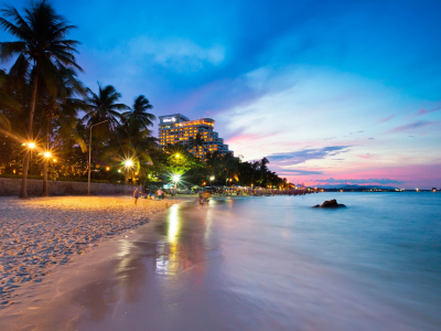 A beach at dusk surrounded by trees