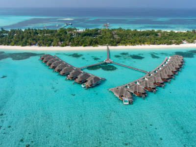 Aerial view of water resorts surrounded by beautiful ocean waters