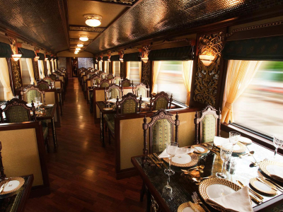 Dining table for 4 inside a coach of the Maharaja Express