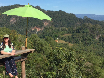 a person sitting on a bench with a mountain in the background