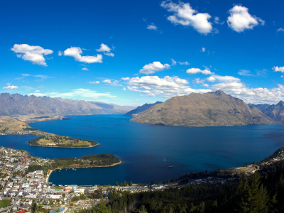 a view of a body of water with a mountain in the background