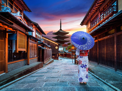 Asian woman wearing japanese traditional kimono at Yasaka Pagoda and Sannen Zaka Street in Kyoto, Japan