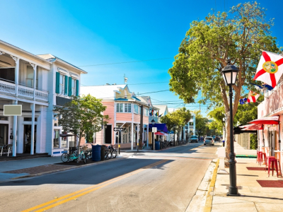 Pastelfarvede facader og pelikaner i Key West