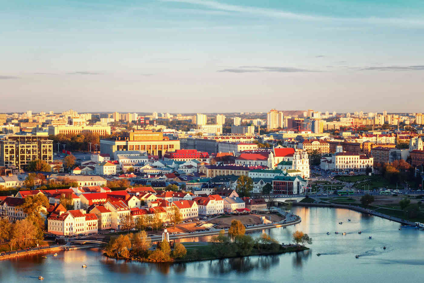 The historical center of Minsk, Belarus at sunset.