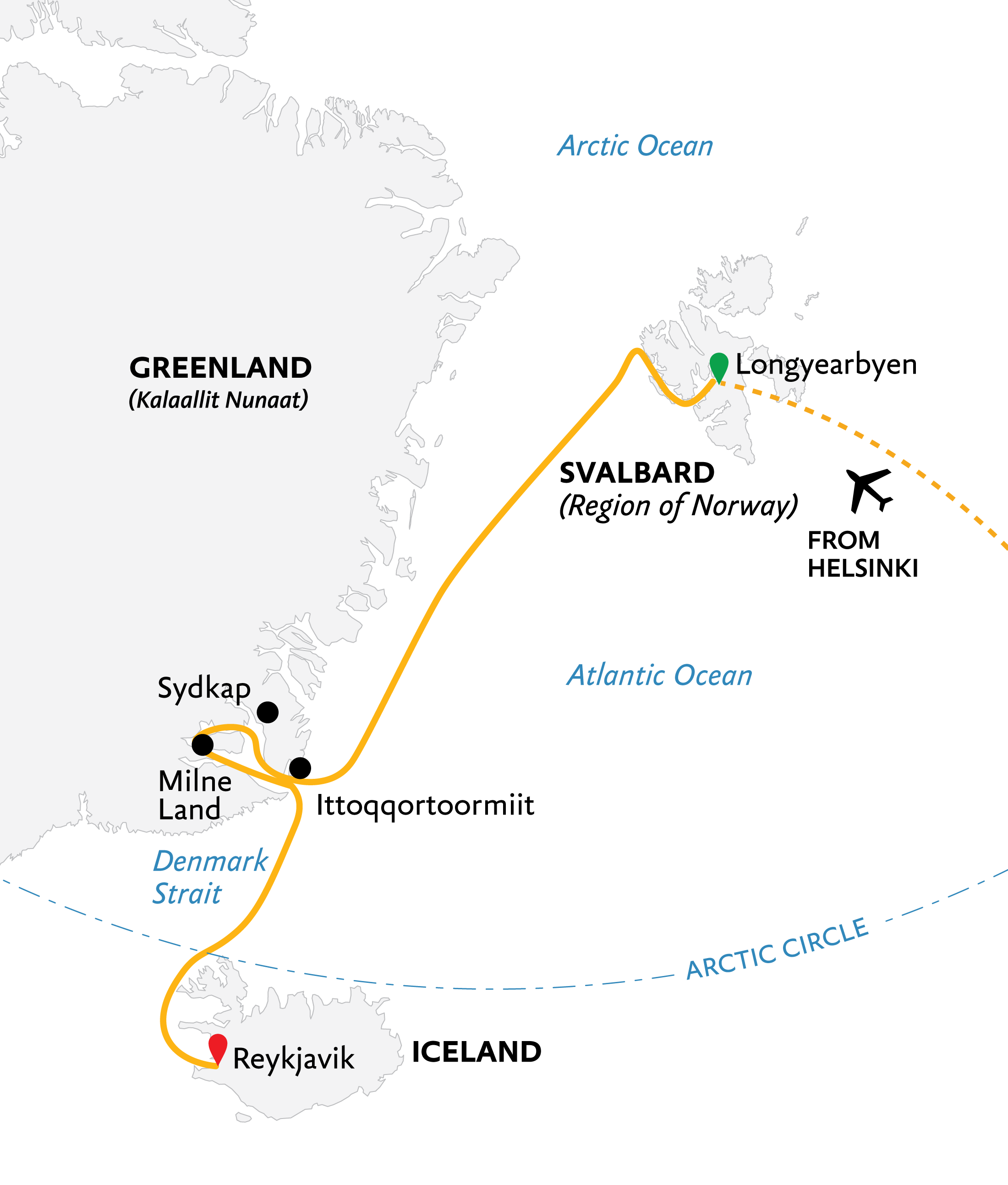 Three Arctic Islands: Iceland, Greenland, Spitsbergen Itinerary Map
