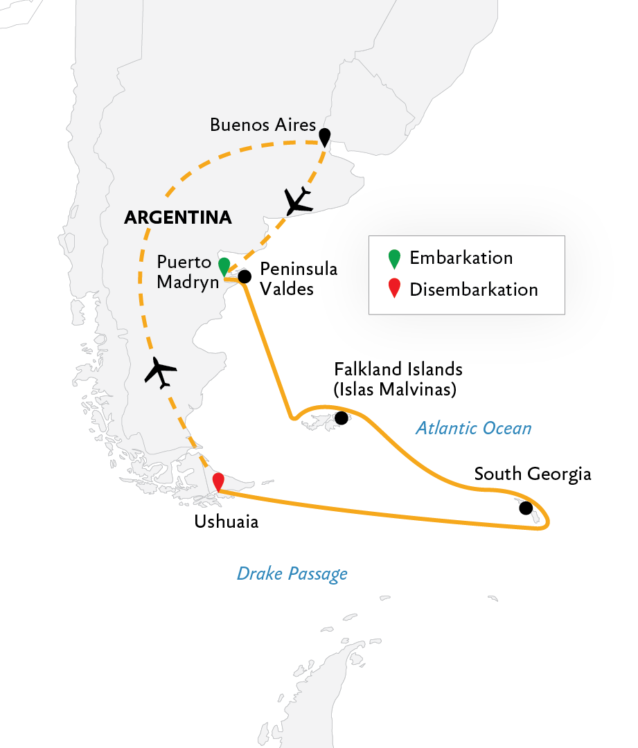 Falkland Islands and South Georgia: 20-Day Wildlife Adventure Itinerary Map
