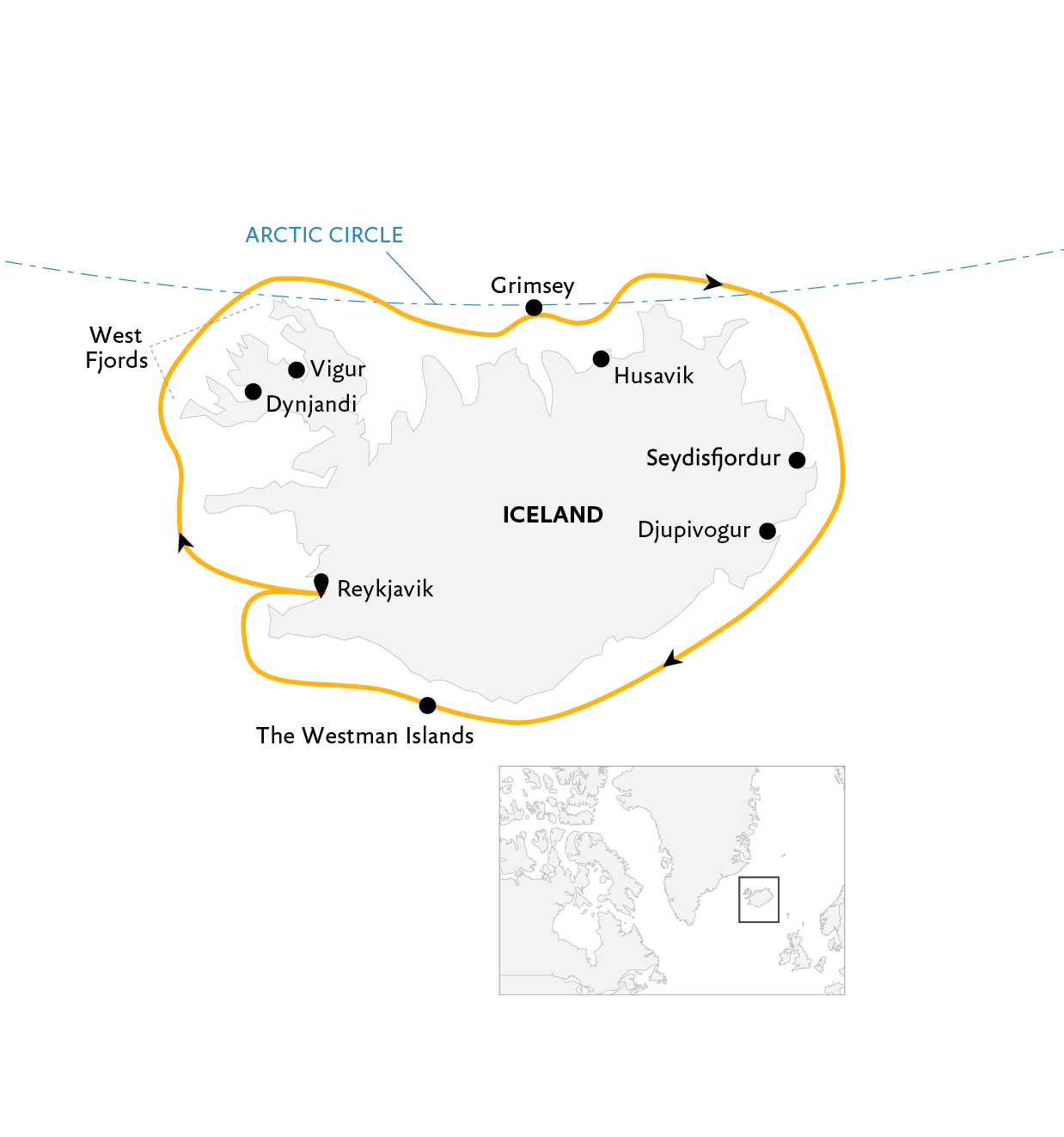 Iceland Circumnavigation: Mountains, Volcanoes and Waterfalls Itinerary Map