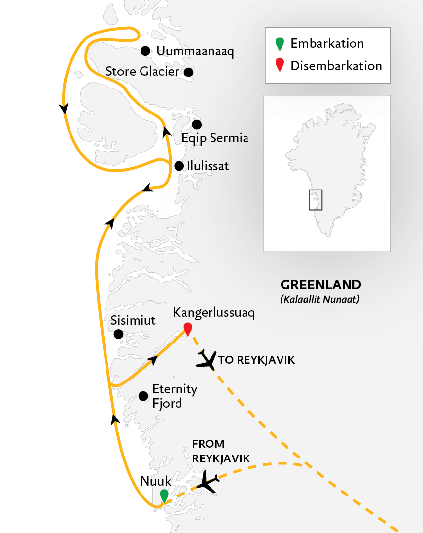 West Greenland: Discovering Massive Icebergs and Inuit Communities, Northbound Itinerary Map