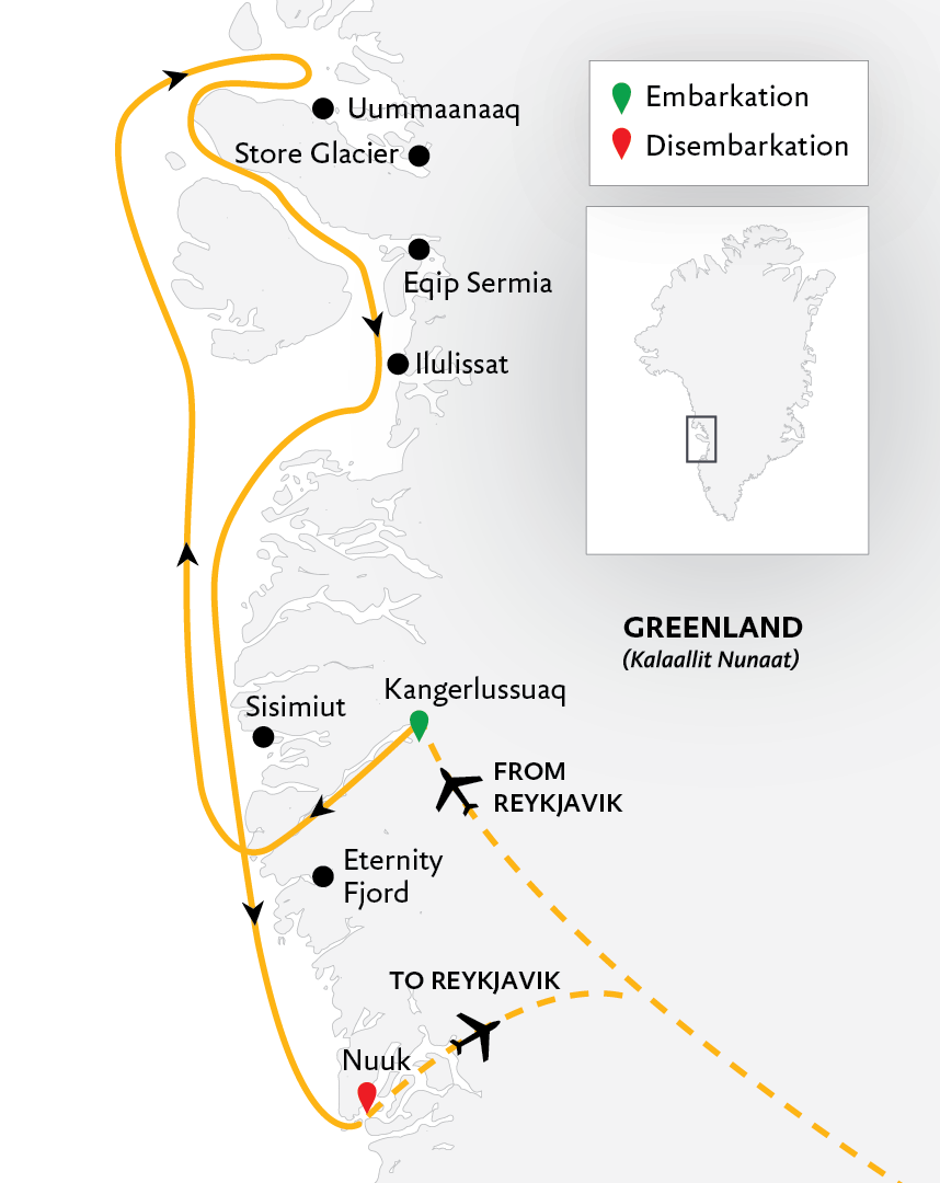 West Greenland: Discovering Massive Icebergs and Inuit Communities, Southbound Itinerary Map