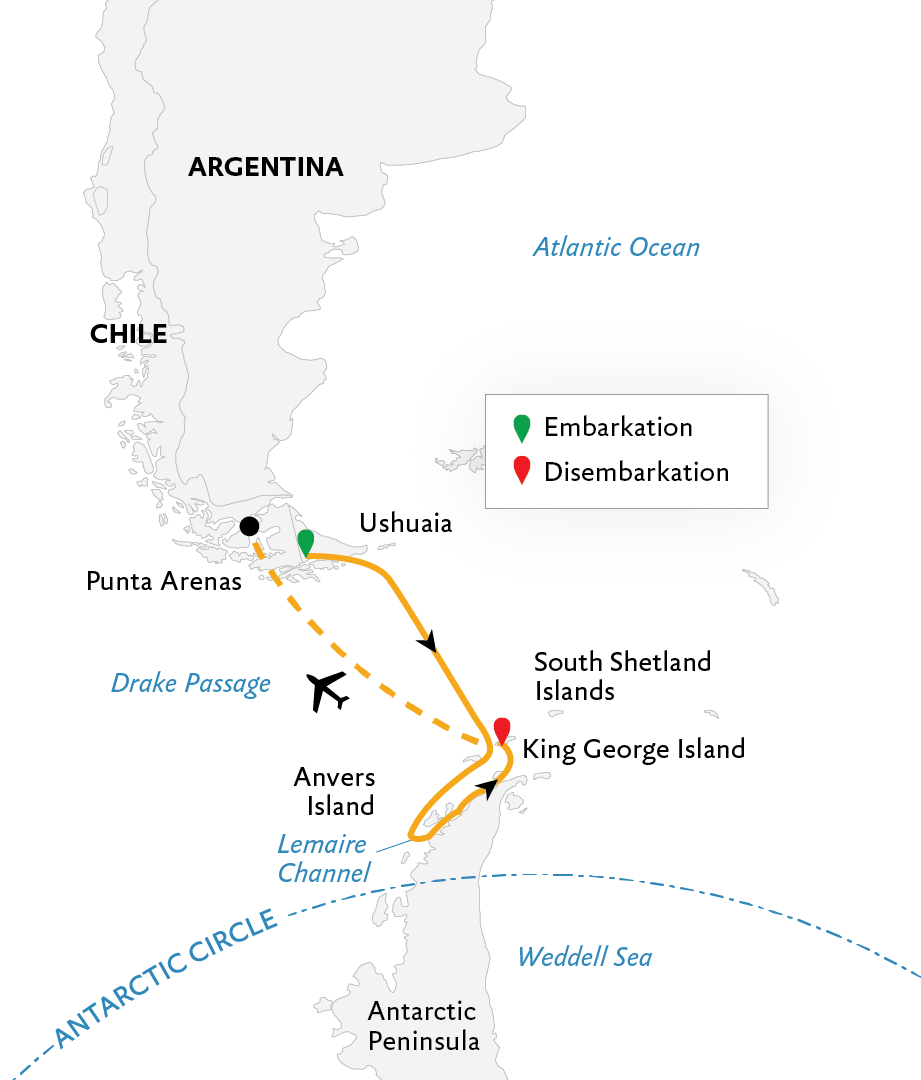 Antarctic Express: Sail South, Fly North Itinerary Map