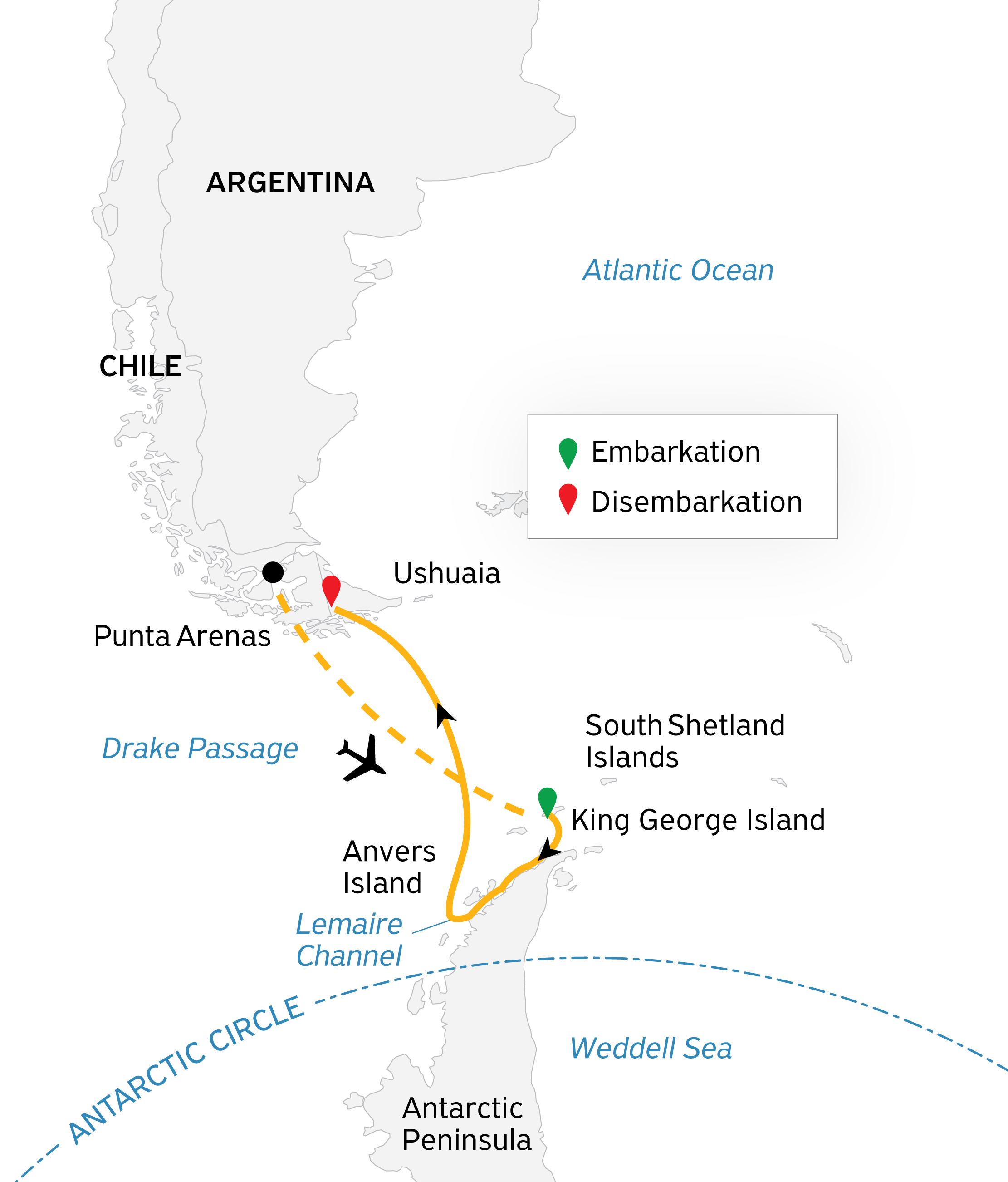Antarctic Express: Fly South, Sail North Itinerary Map