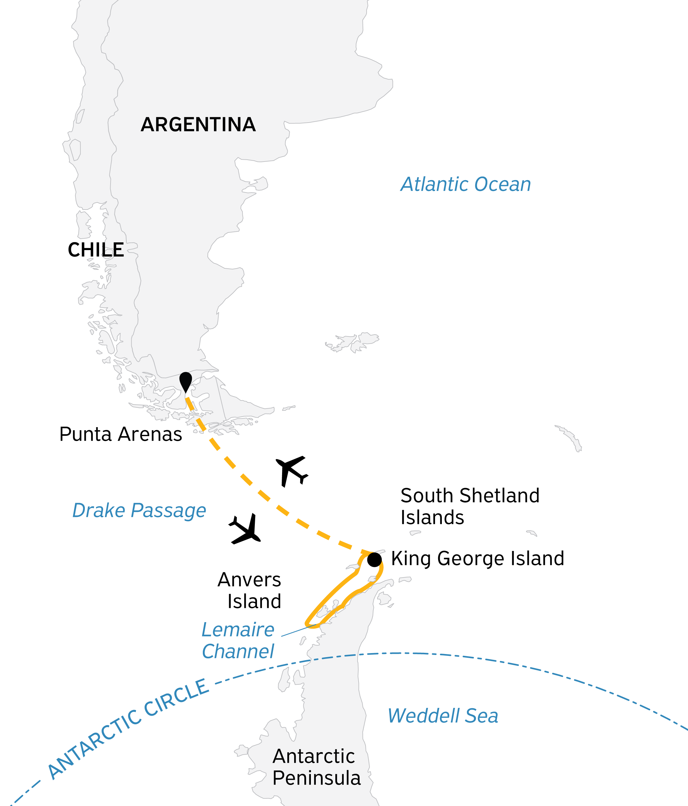 Antarctic Express: Fly the Drake Itinerary Map