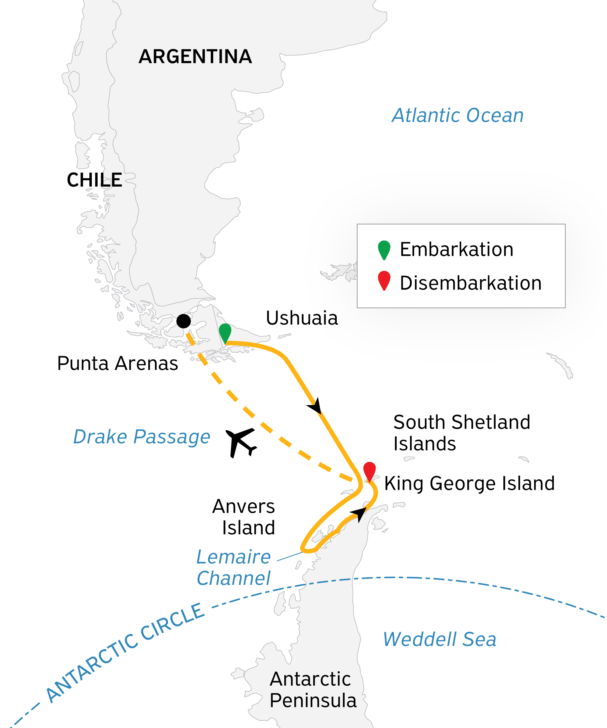 Antarctic Express: Sail South, Fly North Itinerary Map