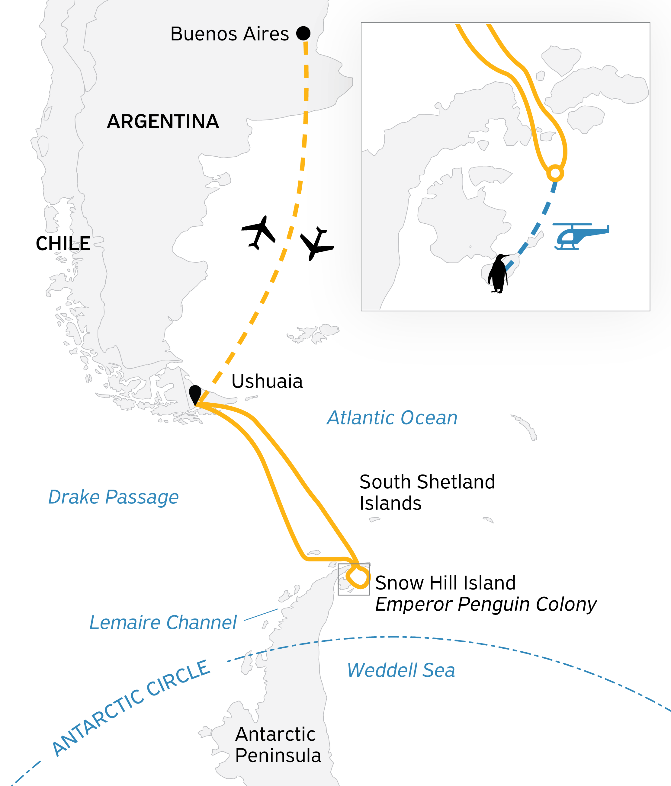 Snow Hill to the Peninsula: Shackleton's Emperors Itinerary Map