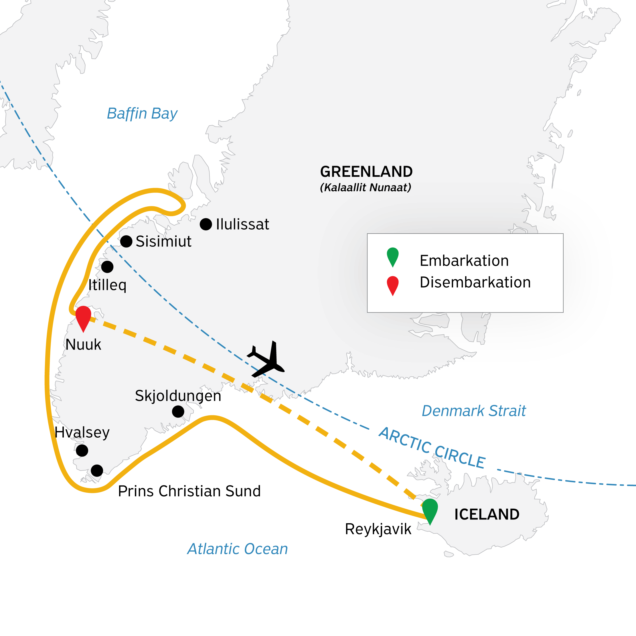 Southeast to West Greenland: Glaciers, Fjords and Viking History Itinerary Map