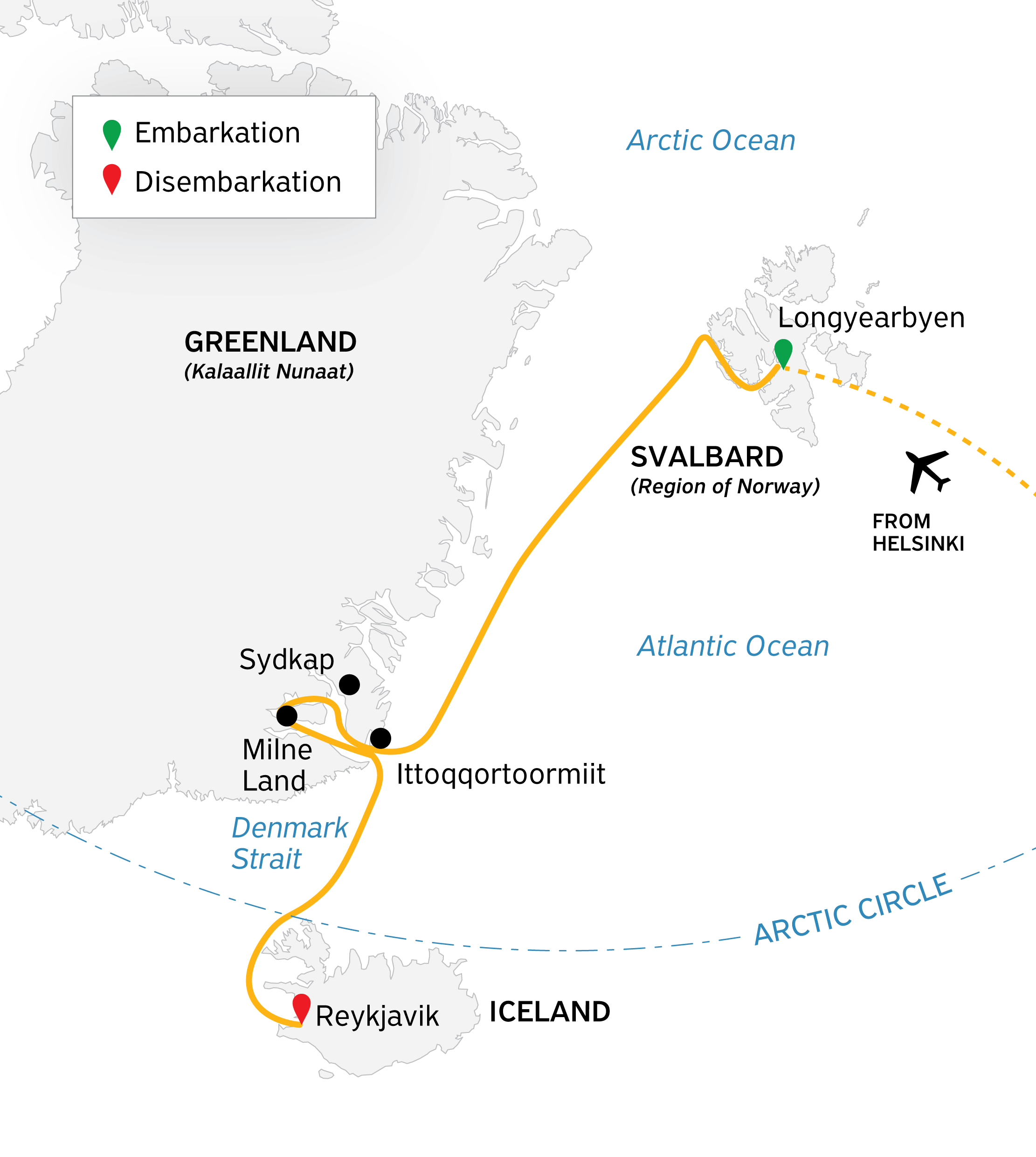 Three Arctic Islands: Iceland, Greenland, Spitsbergen Itinerary Map