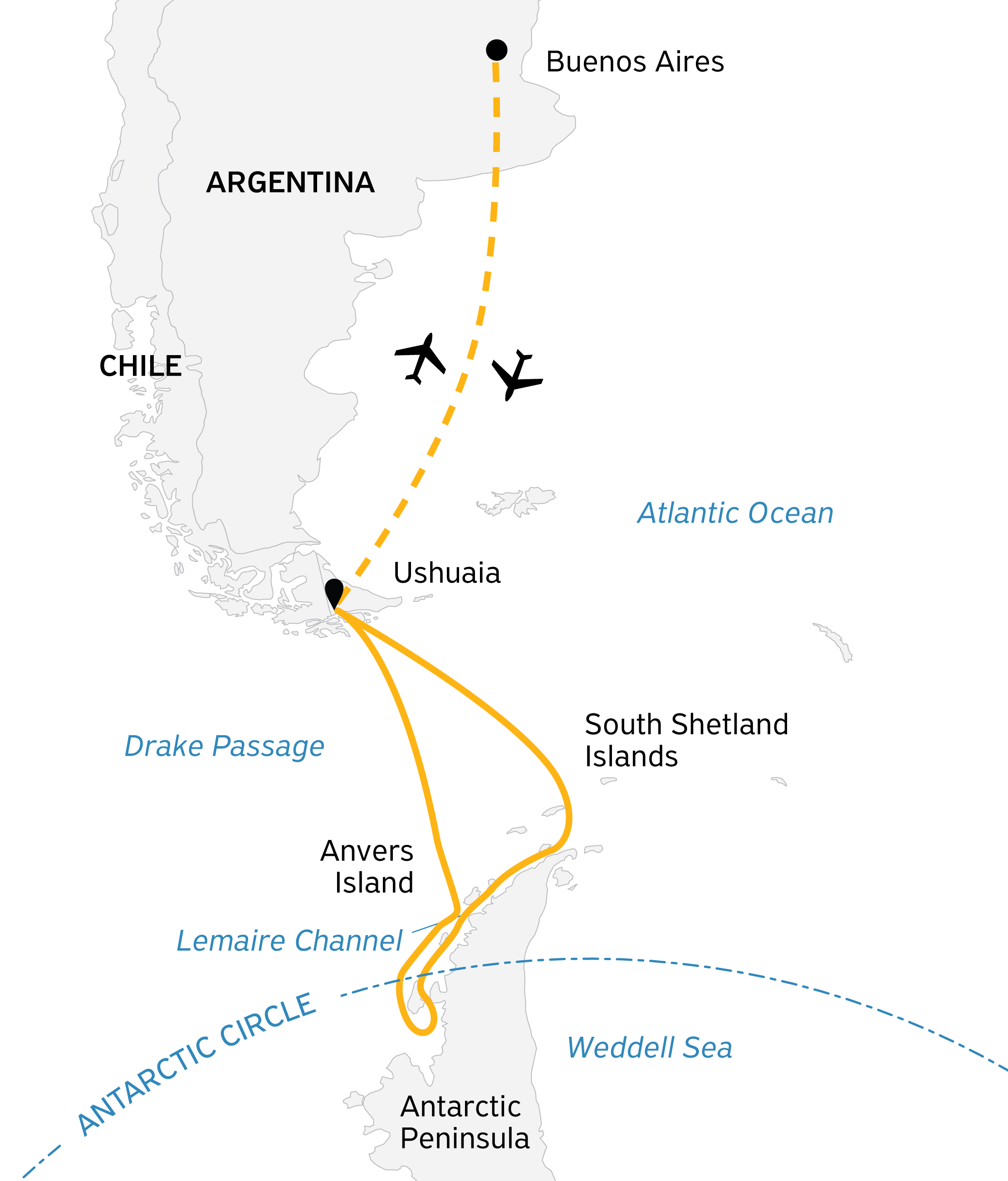 Antarctica by Helicopter: Crossing the Circle and the Peninsula Itinerary Map