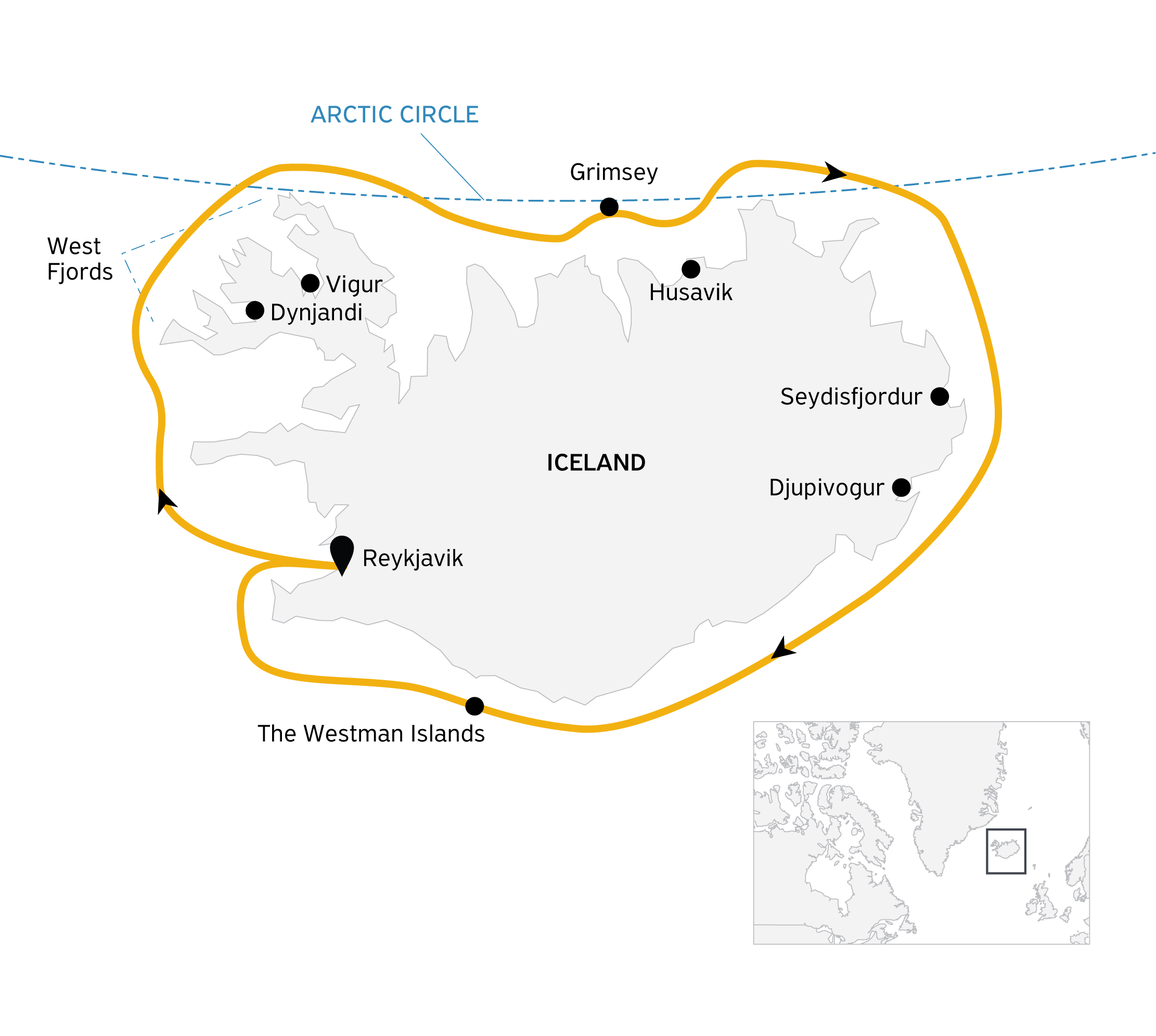 Iceland Circumnavigation: Helicopters, Glaciers and Volcanoes Itinerary Map