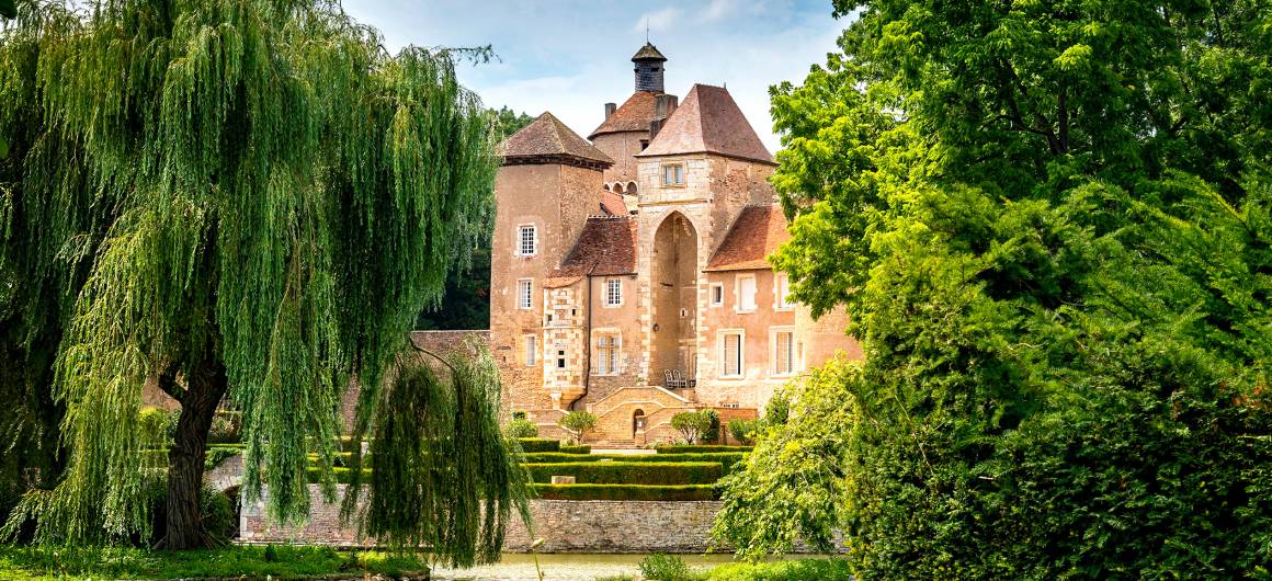A grand château with classic French architecture is partially hidden behind trees beside a calm river.
