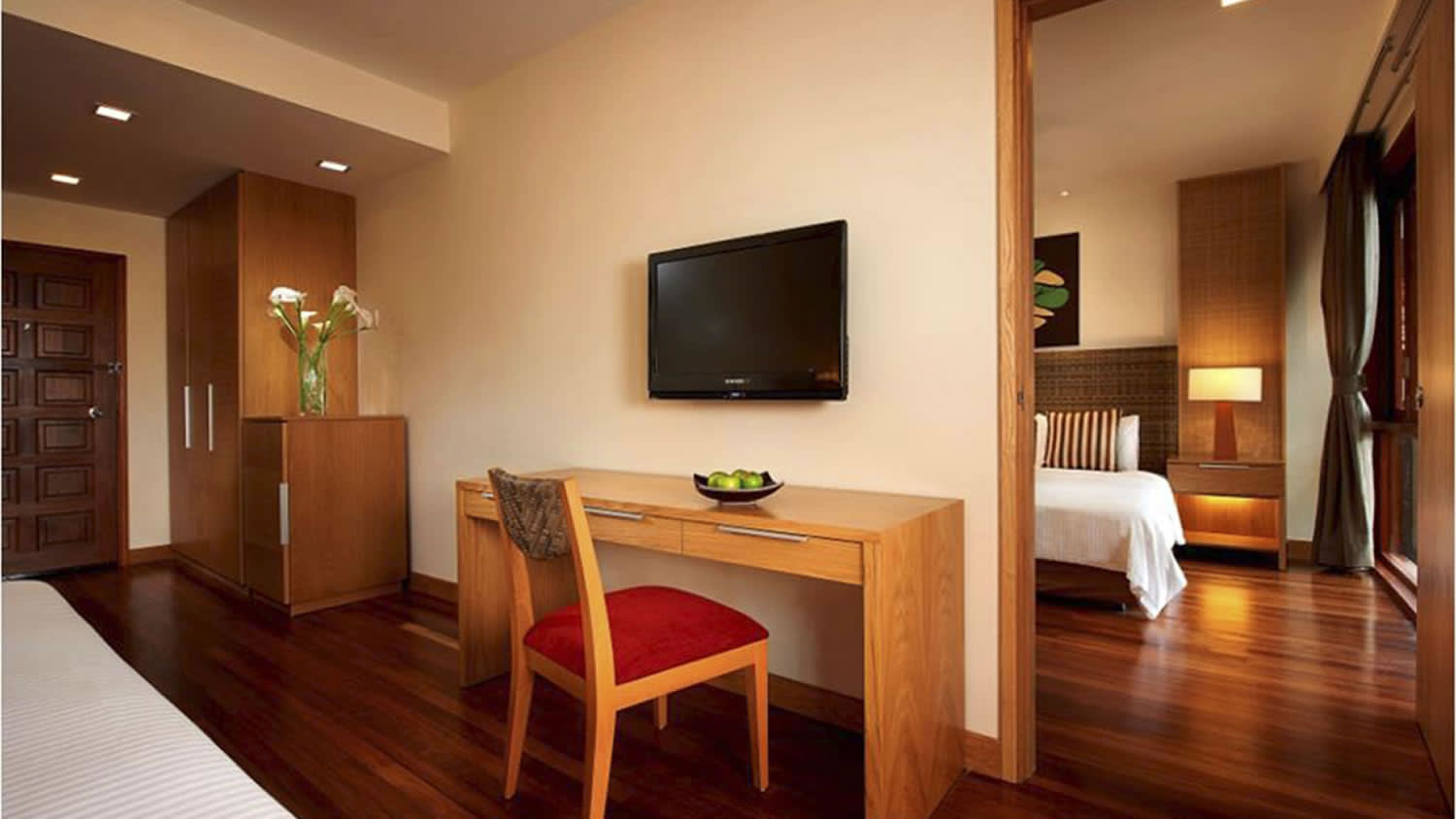 a modern living room with a wood floor