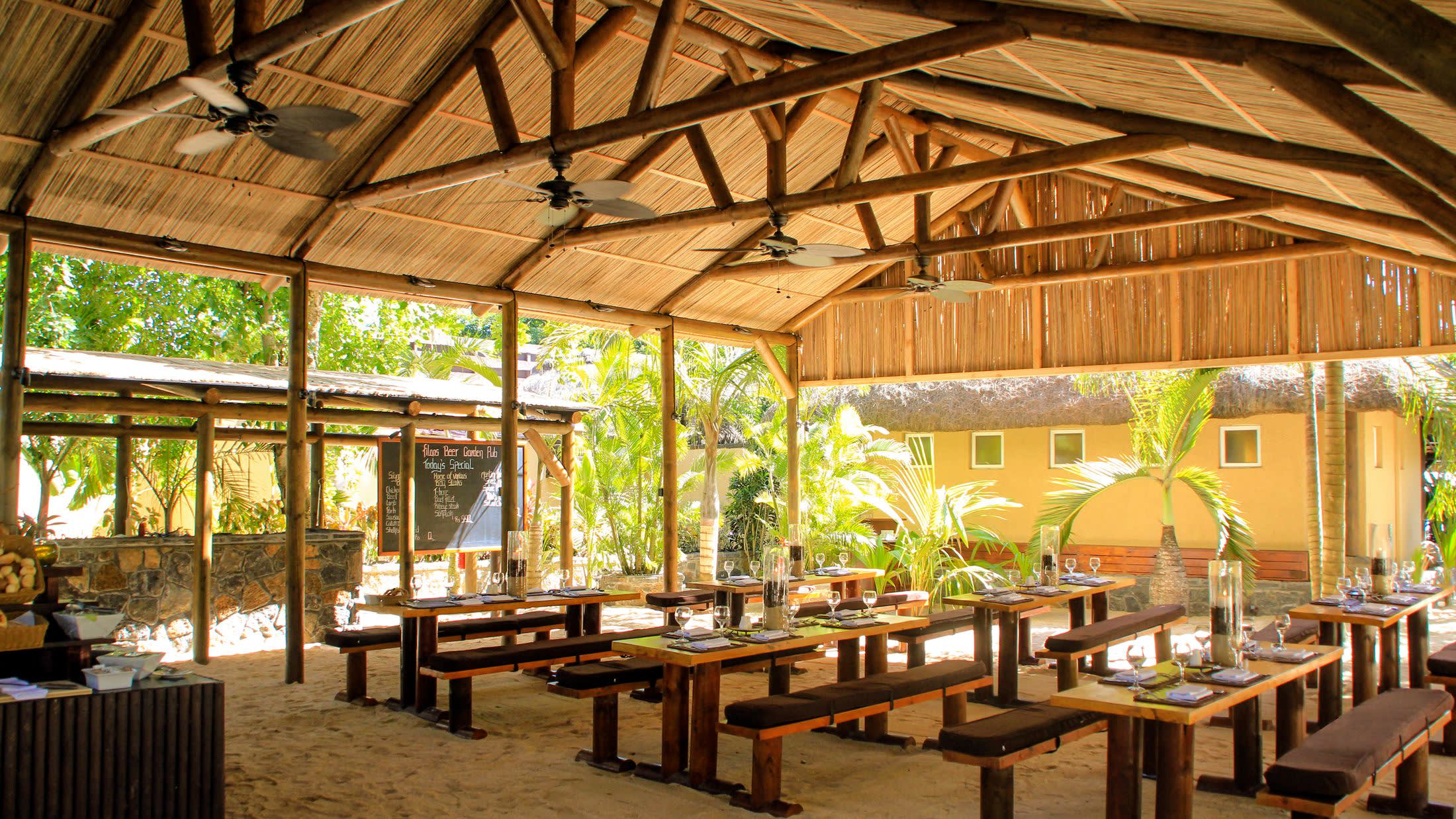 a dining room table in front of a building