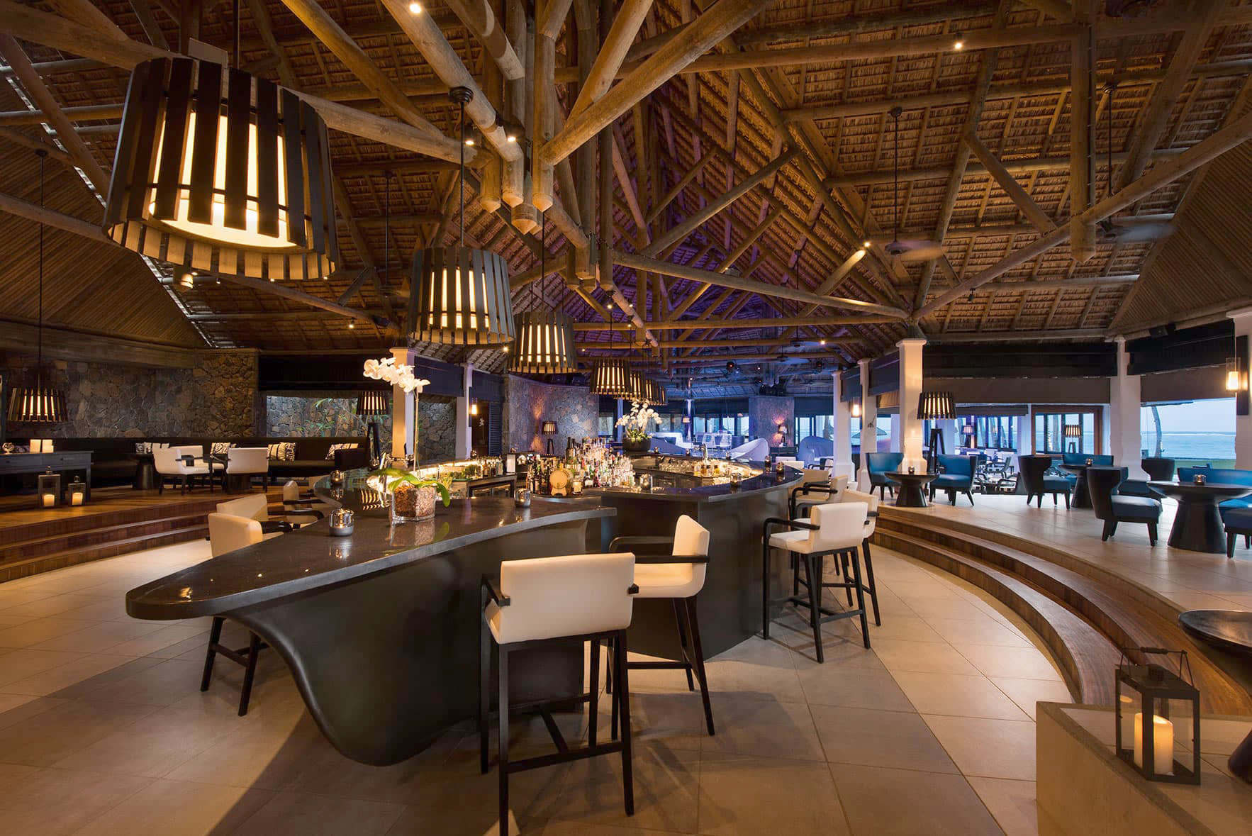 a dining room table in front of a building