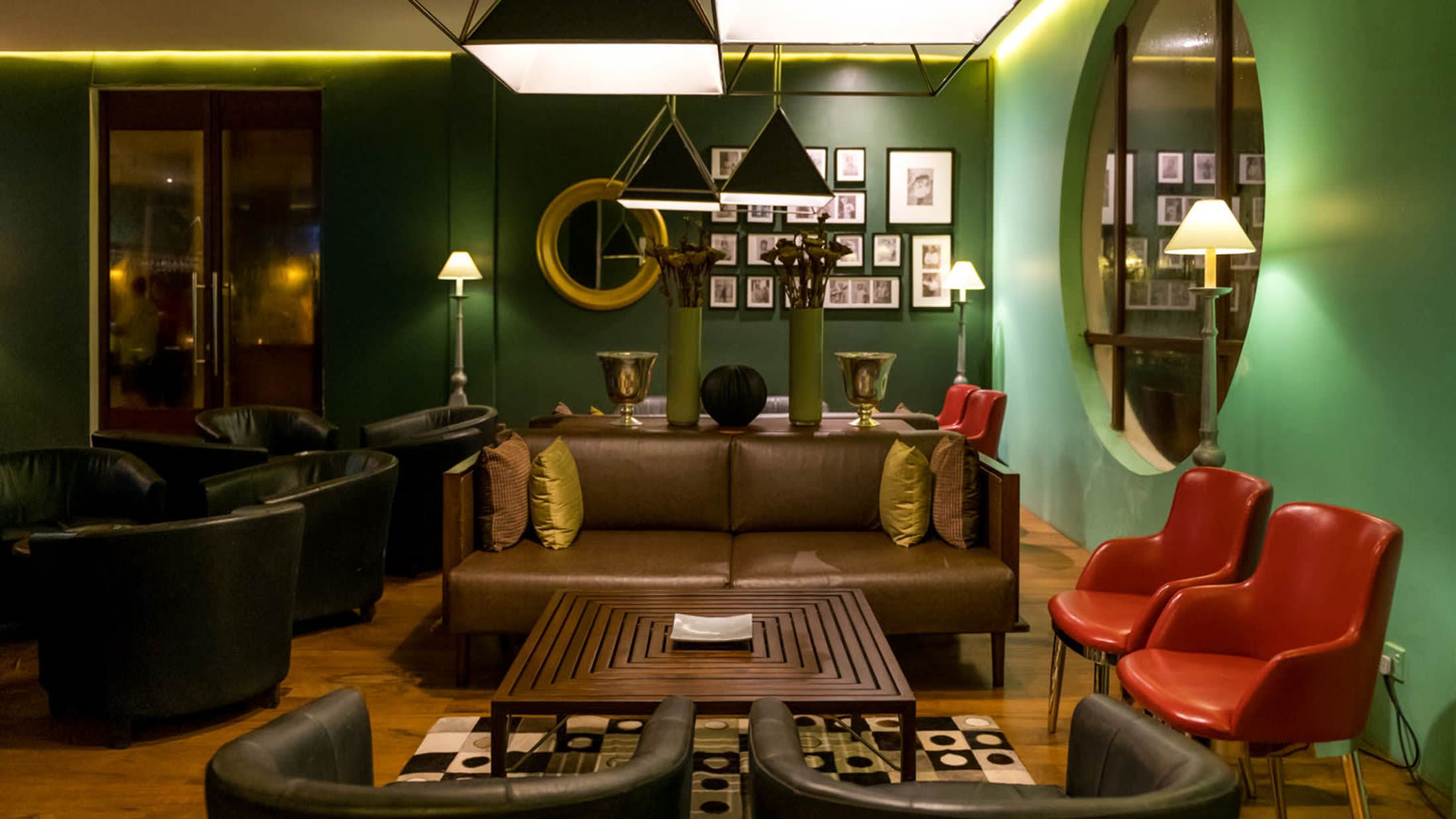 a living room with a leather chair