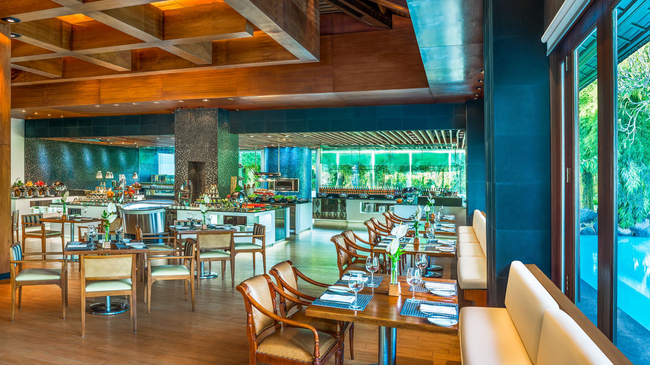 a dining room table in front of a building