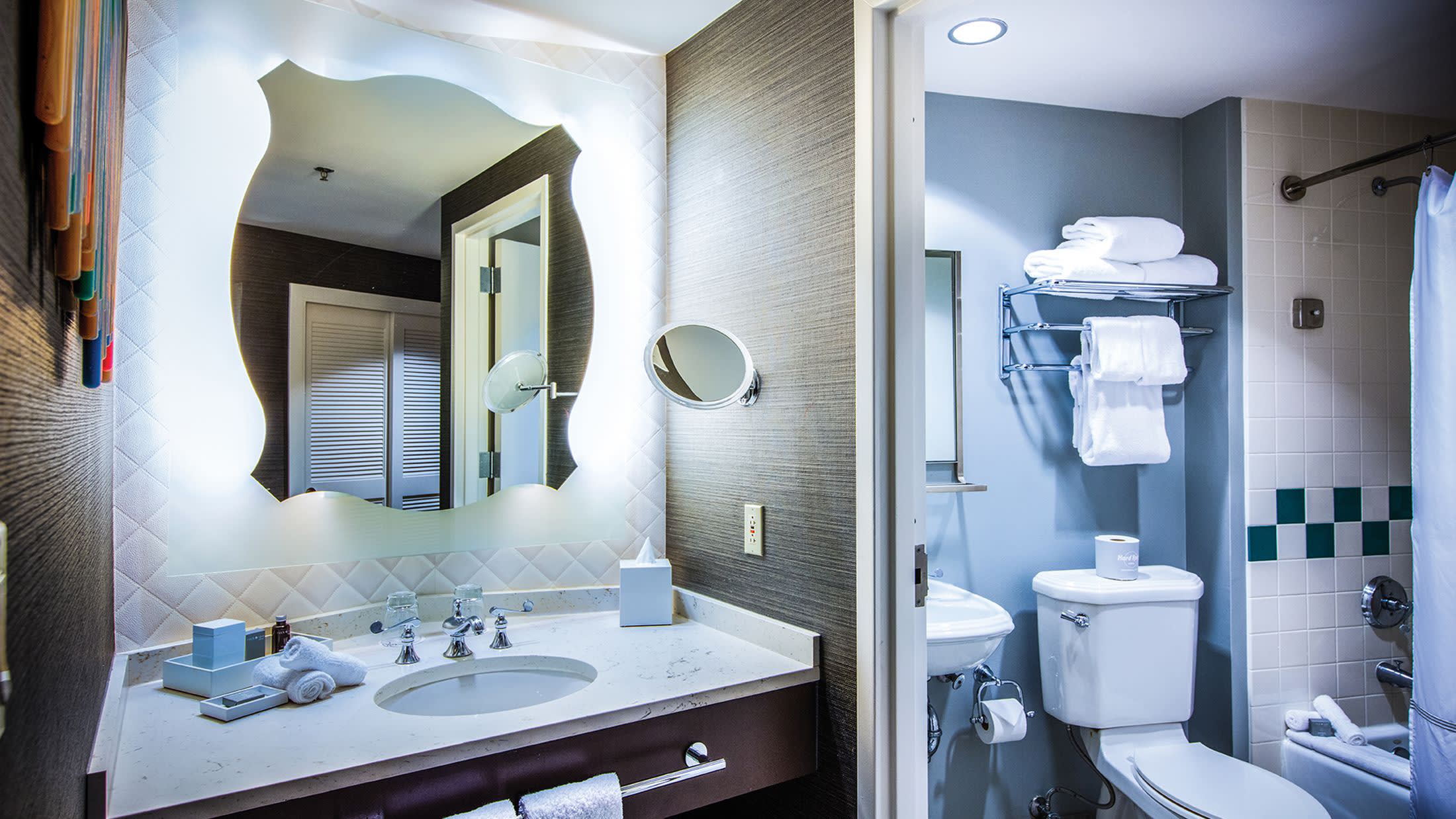 a double sink and large mirror