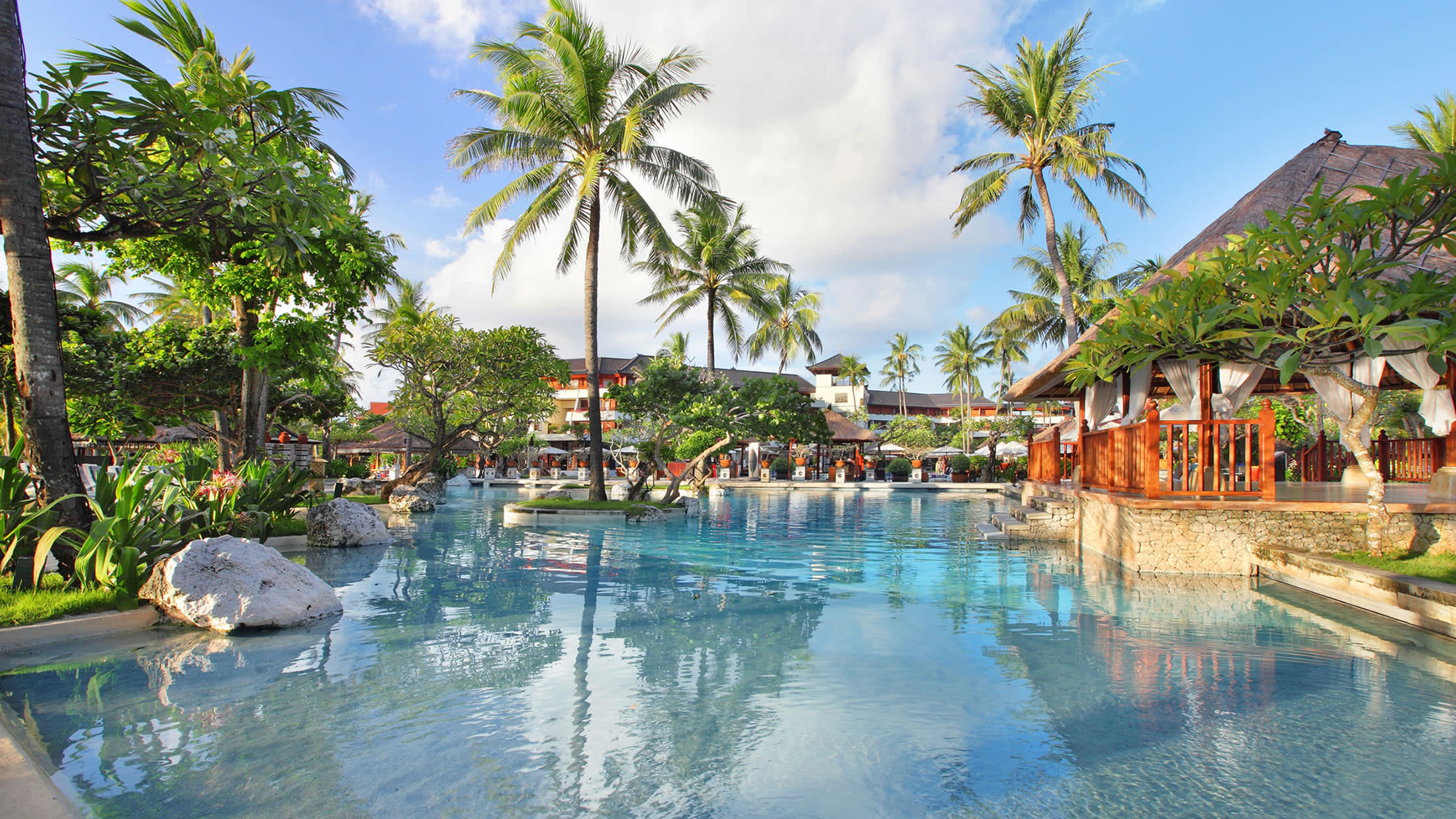 a group of palm trees next to a pool of water
