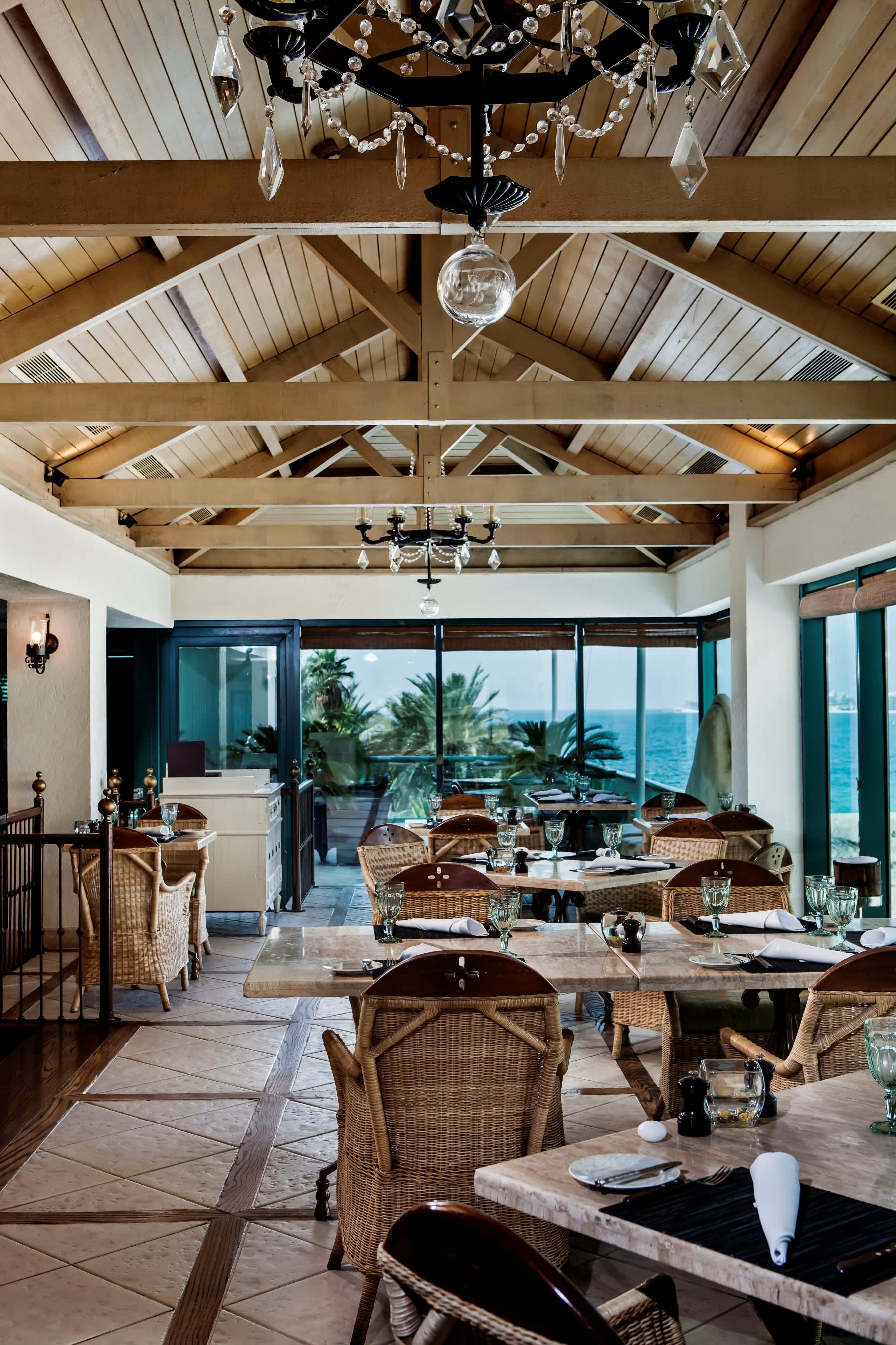 a dining room table in front of a building