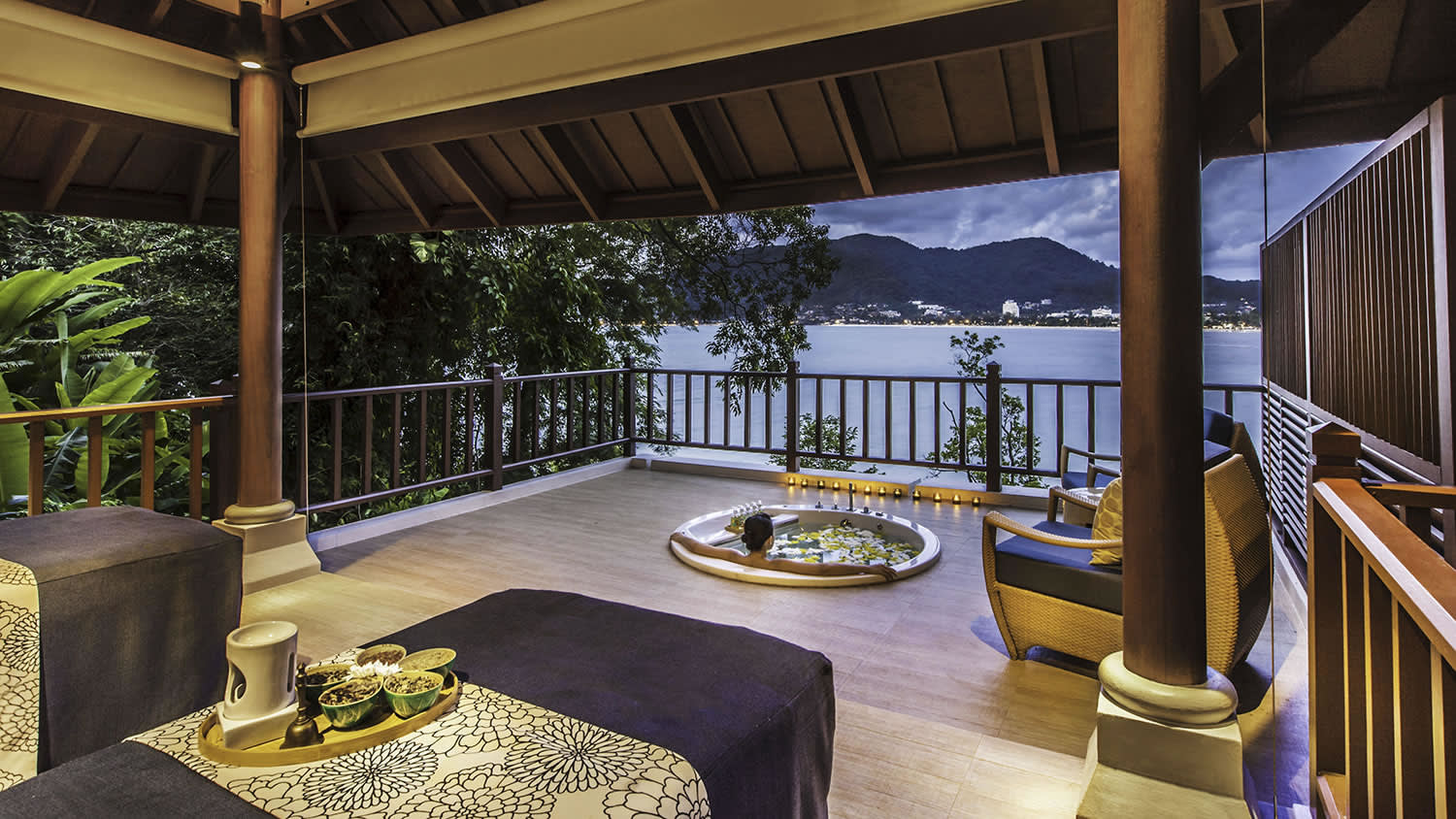 a dining room table in front of a building