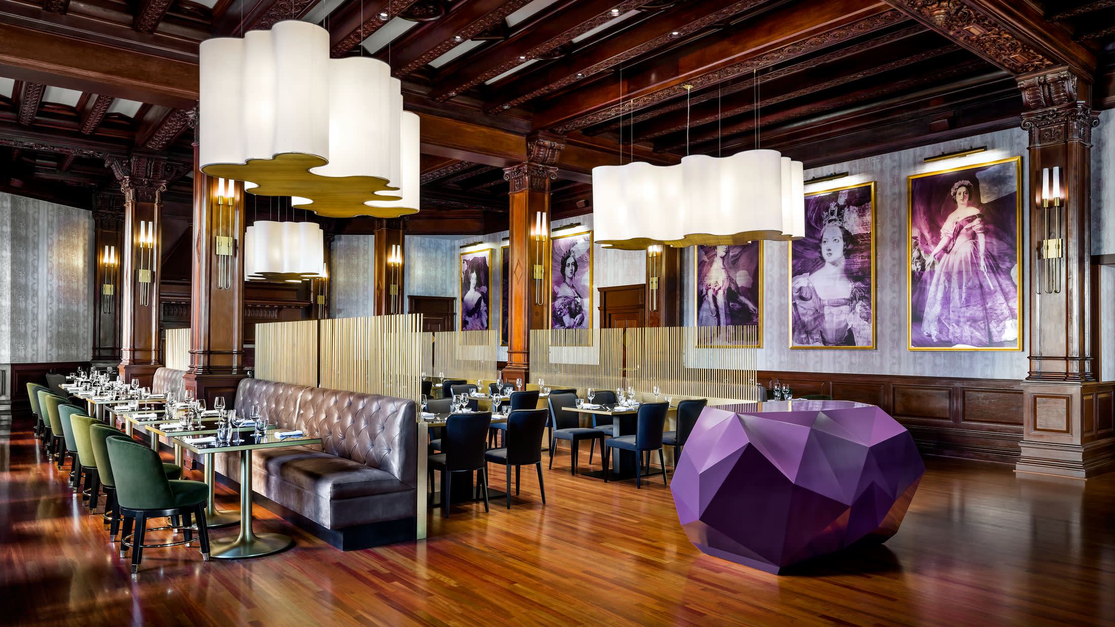 a dining room table in front of a building