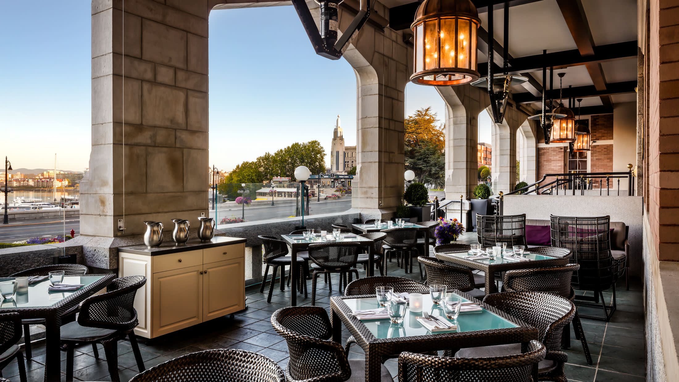 a dining room table in front of a building